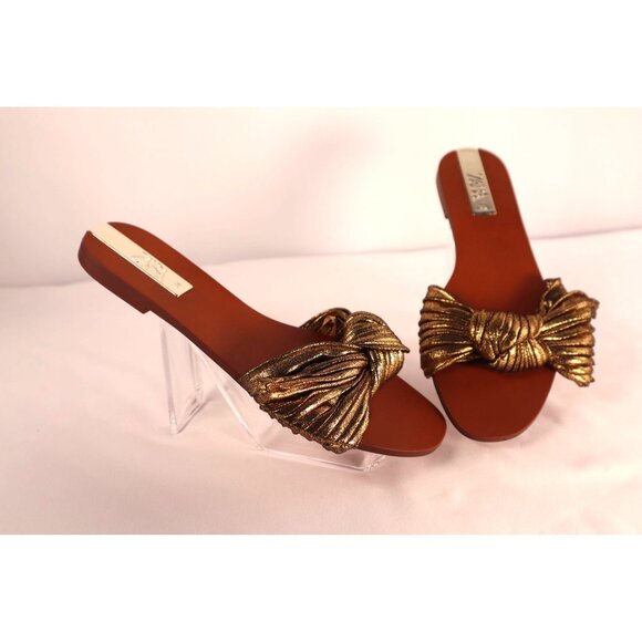 Zara Metallic Gold Bow Flat Sandals‎ EU 38 -US 7.5 - Picture 2 of 7